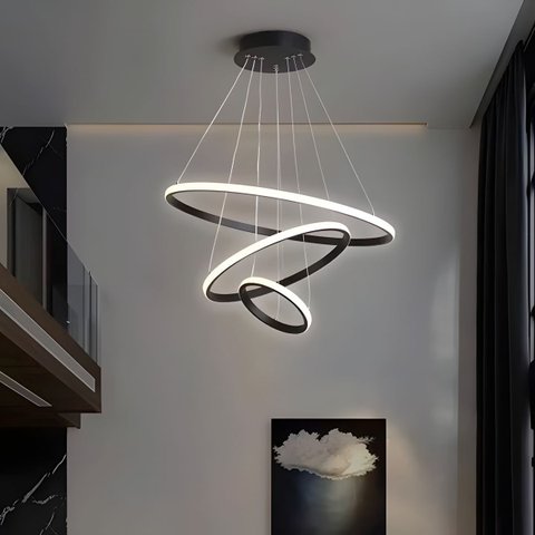 Lustre Luminária Pendente 03 Aros Anéis 03 Tons de Iluminação Branco Frio, Morno e Quente Preto 220V