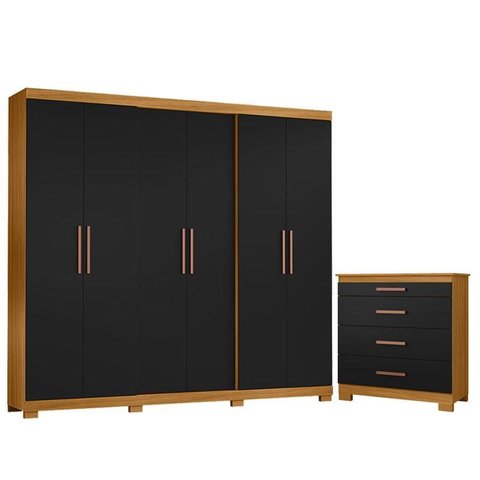 Cômoda 4 Gavetas New e Guarda Roupa Casal San Diego Carvalho Americano Preto - Incorplac