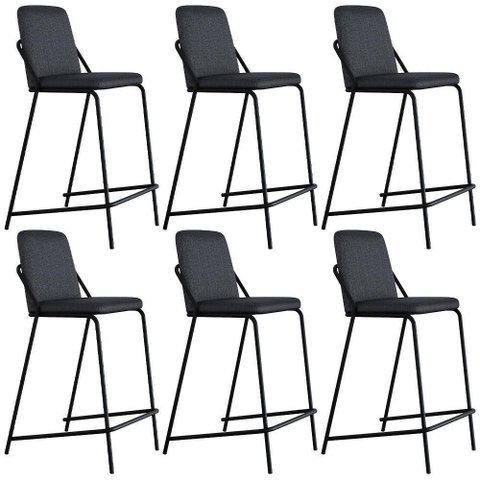 Kit 06 Banquetas Altas C01 Assento em Linho Grafite com Encosto Preto Lyam Decor