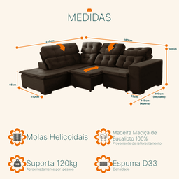Sofá Canto Retrátil e Reclinável 6 Lugares Pillow Top Molas Bonnel Berlim Café - 3