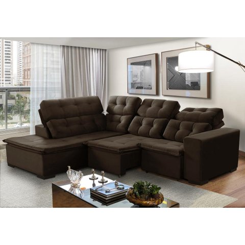 Sofá de Canto Retrátil e Reclinável 6 Lugares Pillow Top Suede Berlim Marrom Café