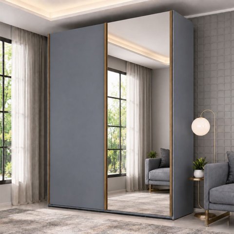 Guarda Roupa Veneto MDF 183x230cm 2 Portas com Espelho Cinza 1001