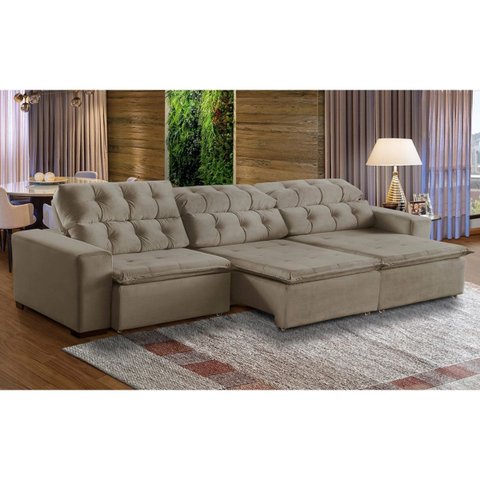 Sofá Retrátil Reclinável 6 Lugares 320cm com Pillow Veludo Bege Alasca Megasul