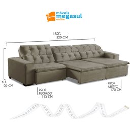 Sofá Retrátil Reclinável 6 Lugares 320cm com Pillow Veludo Bege Alasca Megasul - 3