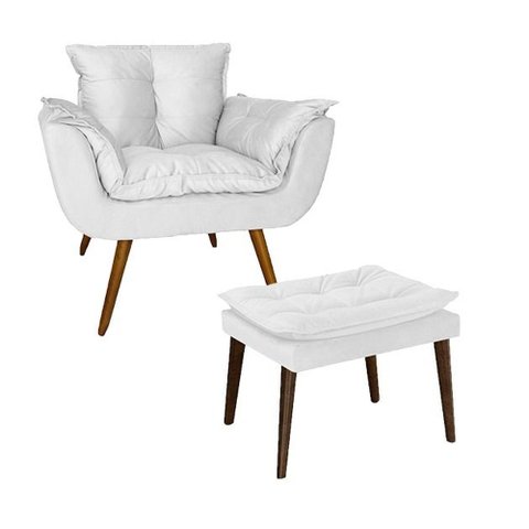 Poltrona Com Puff Opala Estofada Sala de Estar Corano Branco - LM DECOR
