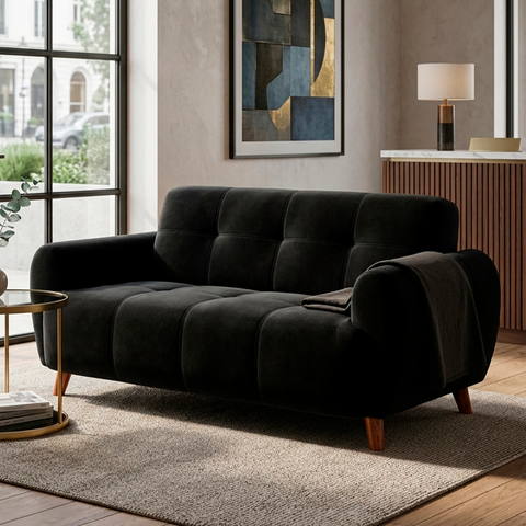 Sofá Veludo Preto Living 160cm 3 Lugares Confortável Sala de Estar Pes de Madeira - Top Sofás