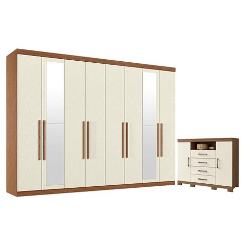 Guarda Roupa Casal 8 Portas 4 Gavetas Master New com Espelho e Cômoda Havana Master com Pés Jatob