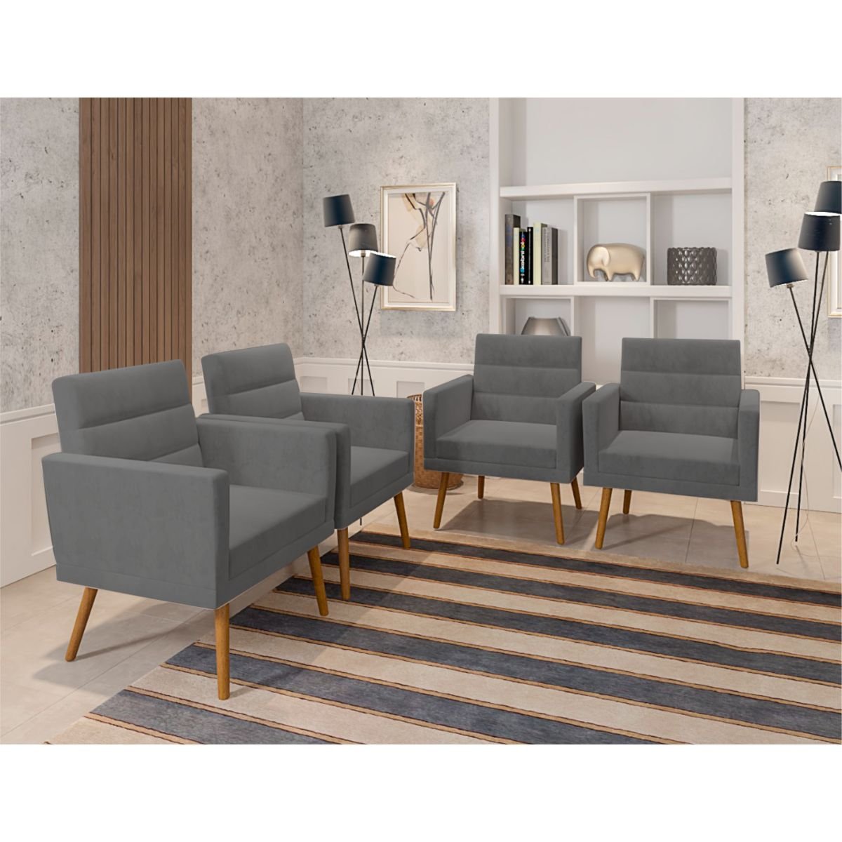 Kit 4 Poltronas Decorativas Lux Suede Cinza