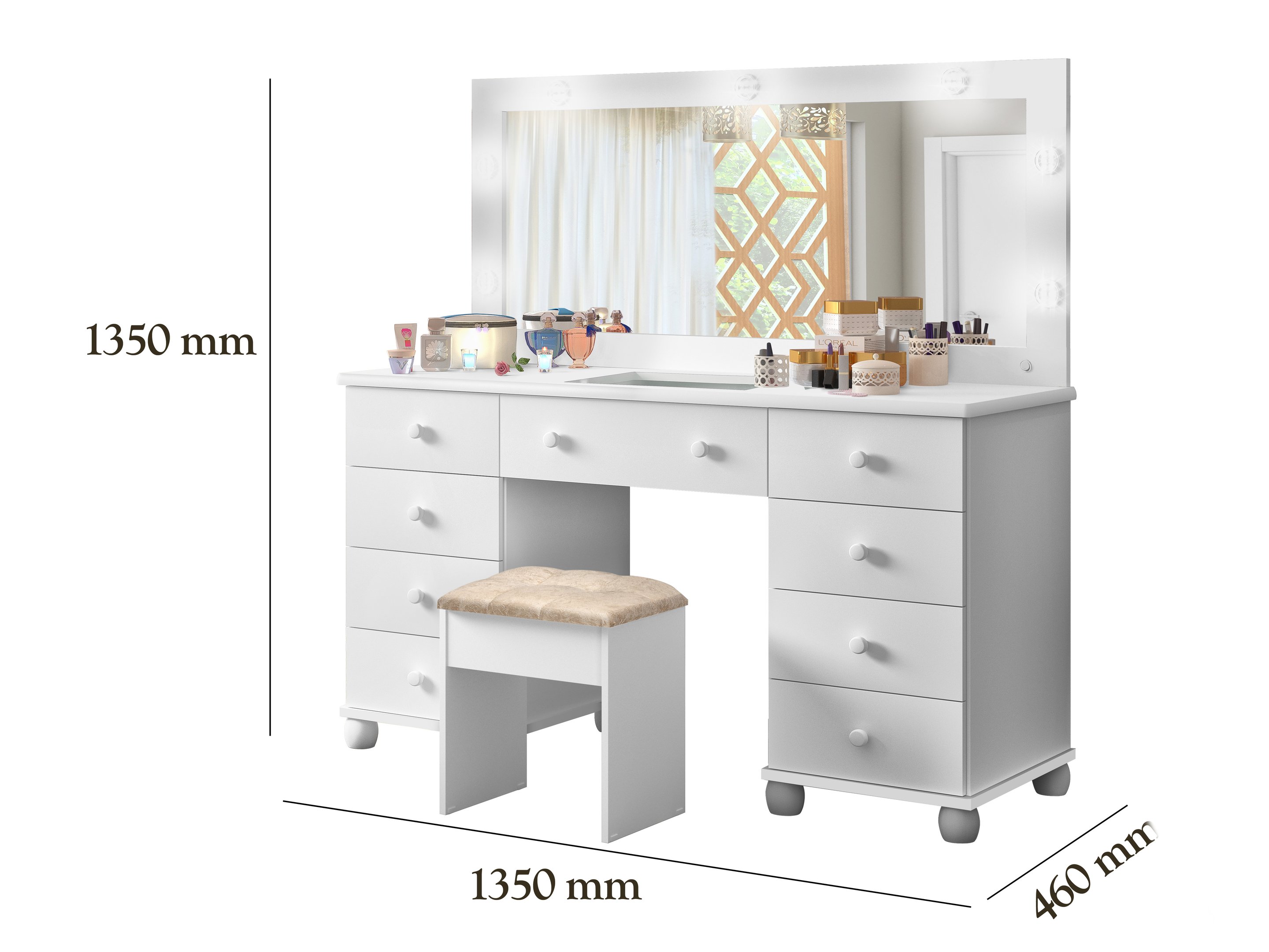 Penteadeira Camarim 9 Gavetas Original com Espelho e Led 110/220 com Banqueta Camarim Sued Potente - 2