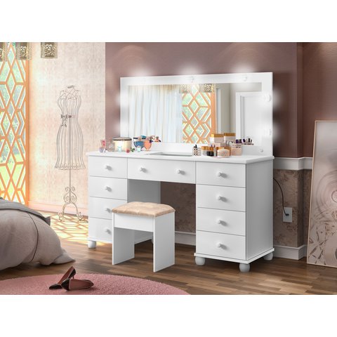 Penteadeira Camarim 9 Gavetas com Espelho Led Bivolt e Banqueta