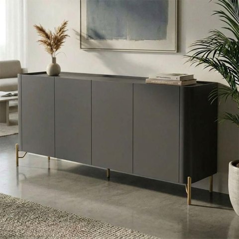 Balcão Buffet Bend Contemporâneo 4 Portas MDF 180cm Grigio com Bronze e Dourado Casa Lar Shop