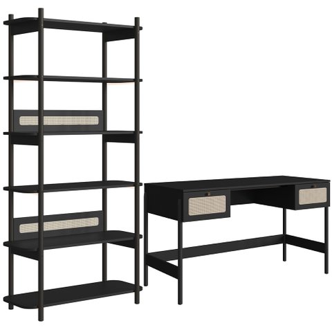 Estante Livreiro Home Office e Mesa Escrivaninha Pés Madeira Moss A03 Nero Preto - Lyam Decor