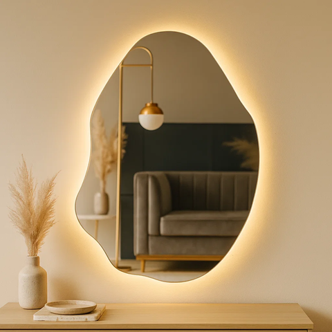 Espelho Grande Orgânico Lapidado Decorativo Sala Hall Parede 90x60 Cm Moderno com Led Fria 6500k