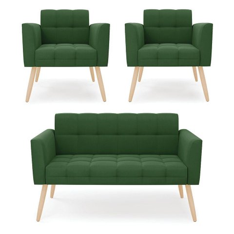 Kit 1 Sofá Namoradeira e 2 Poltronas Elisa Suede Pés Palito Natural - D'Rossi Cor Verde