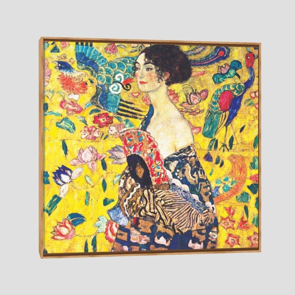 Quadro Klimt Lady With Fan Tela Moldura Bege 80X80Cm