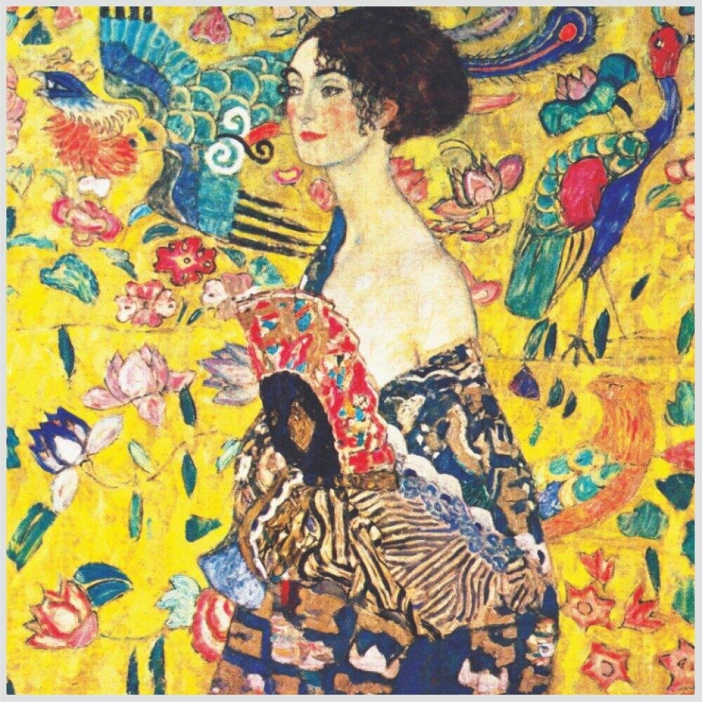 Quadro Klimt Lady With Fan Tela Moldura Bege 80X80Cm - 2