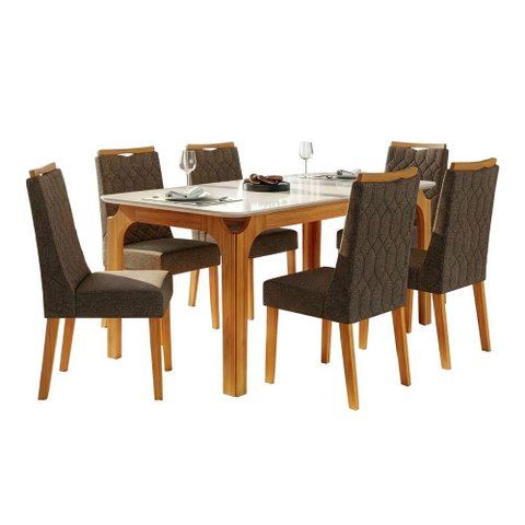Conjunto Sala de Jantar Mesa Tampo em Vidro 1,60m Mel 6 Cadeiras Bel