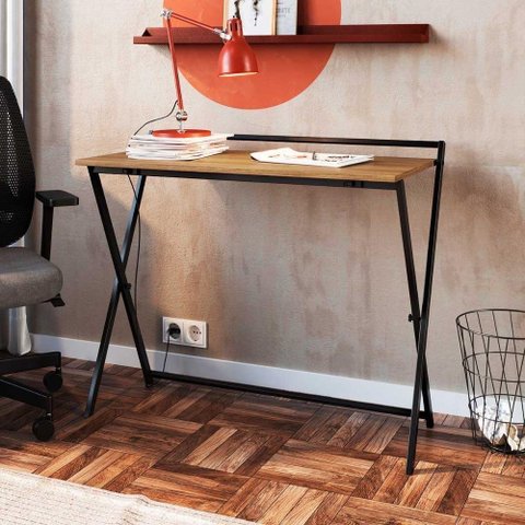 Mesa Escrivaninha Compacta Dobrável com Pés em Aço 94 Cm Preto com Grafite Preto com Grafite