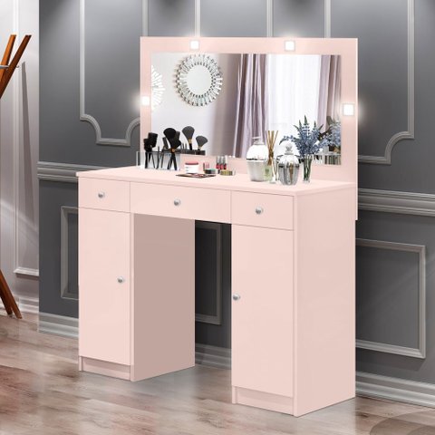 Penteadeira Camarim com 3 Gavetas 2 Portas Espelho e LED - Realeza - Rosê J&A Móveis