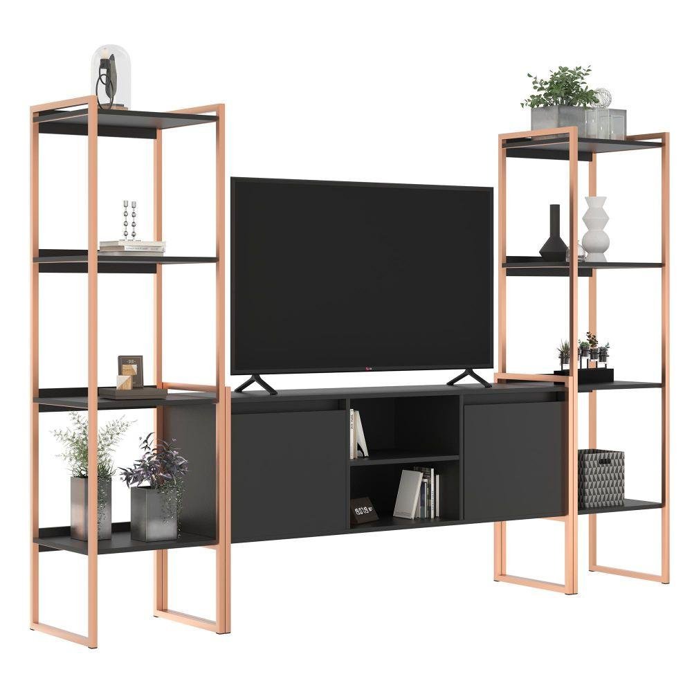 Rack para Tv Estilo Industrial com Estante Preto Cobre