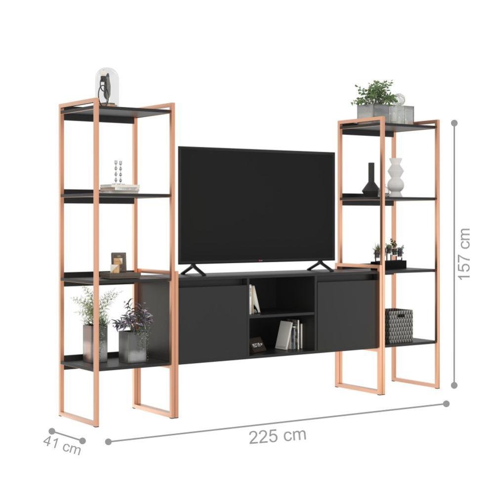 Rack para Tv Estilo Industrial com Estante Preto Cobre - 3