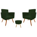 Ver imagem 1 de Kit 2 Poltronas Decorativa Nina + Puff Redondo Suede Verde Pés Madeira Mz Decor