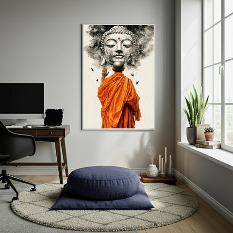 Quadro Decorativo Rezando para Buda 70x50cm Mold Branca