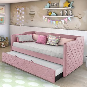 Sofá Cama Infantil Dubai em Madeira Vintage Revestido de Tecido Veludo Pavia Rosa Php Mobilia