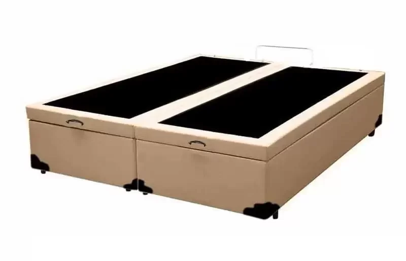 Cama Box Baú Queen Bipartido Blindado Linhão Bege Com Pistão A Gás