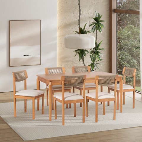 Conjunto Sala de Jantar com 1 Mesa Tampo Laminado 160cm e 6 Cadeiras Encosto Corda Florença Bege/Mel