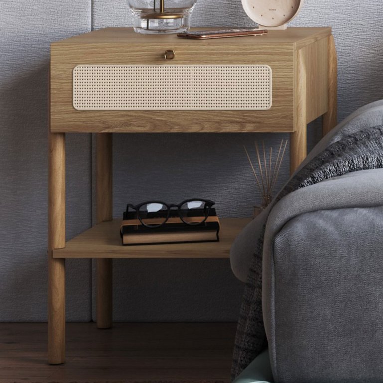 Mesa de Cabeceira 1 Gaveta Palhinha Pé Madeira 27932 Oslo Artesano - Hanover/pé Roble