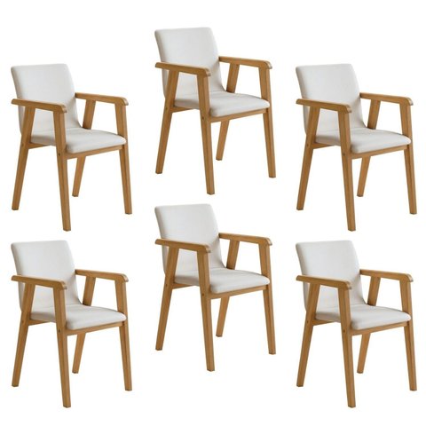 Kit 6 Cadeiras com Braço para Sala de Jantar Pés Madeira Maciça Flora Bege/Cinamomo/Veludo Palha