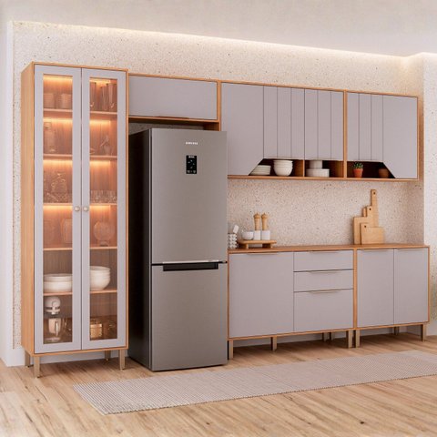Cozinha Modulada 6 Peças com 1 Cristaleira 2 Balcões e 3 Armários Aéreo Celeste Bege Cinamomo/Platina