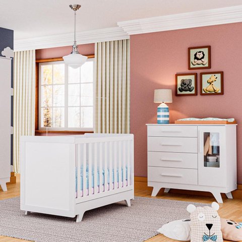 Quarto de Bebê com Cômoda 1 Porta com Janela em Acrílico e Berço Retrô Moveis Peroba Branco