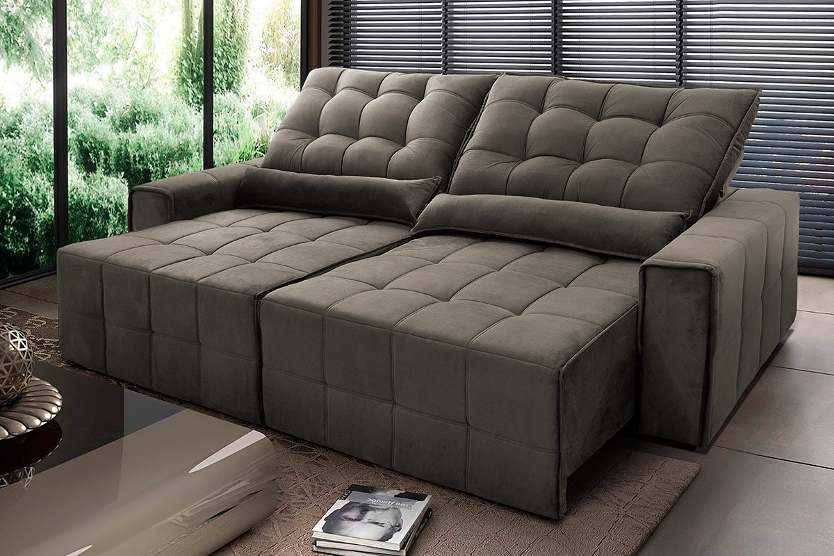 Sofá Retrátil/Reclinável Alaska 3,00m Suede Velut Tabaco c/ Molas no Assento - King House - 1