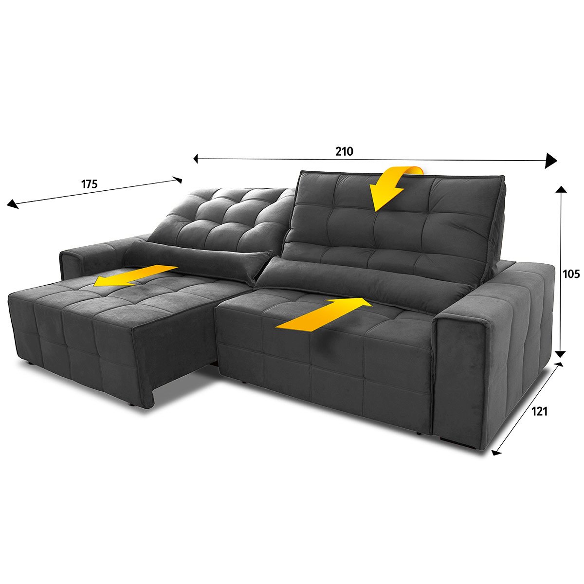 Sofá Retrátil/Reclinável Alaska 2,10m Suede Velut Cinza c/ Molas no Assento - King House - 3