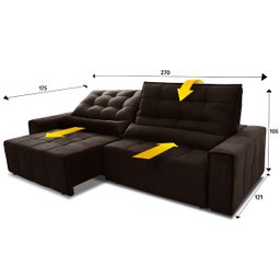 Sofá Retrátil/Reclinável Alaska 2,70m Suede Velut Marrom c/ Molas no Assento - King House - 3