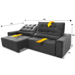 Sofá Retrátil/Reclinável Alaska 2,70m Suede Velut Cinza c/ Molas no Assento - King House - 3