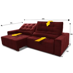 Sofá Retrátil/Reclinável Alaska 2,70m Suede Velut Vermelho c/ Molas no Assento - King House - 3