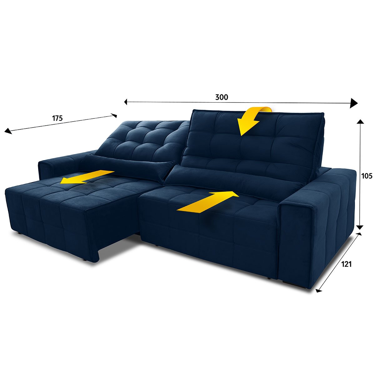 Sofá Retrátil/Reclinável Alaska 3,00m Suede Velut Azul Marinho c/ Molas no Assento - King House - 3