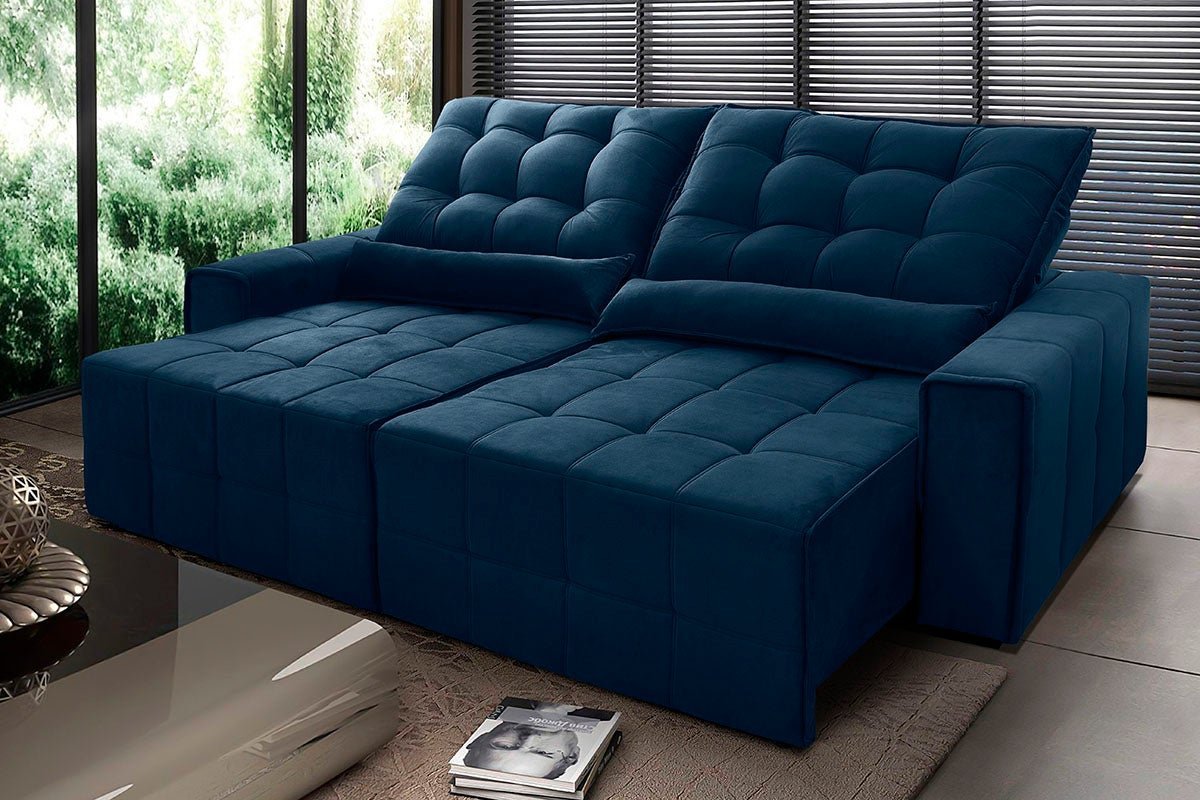 Sofá Retrátil/Reclinável Alaska 3,00m Suede Velut Azul Marinho c/ Molas no Assento - King House - 1