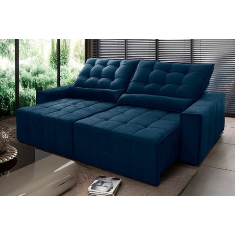 Sofá Retrátil/Reclinável Alaska 3,00m Suede Velut Azul Marinho c/ Molas no Assento - King House