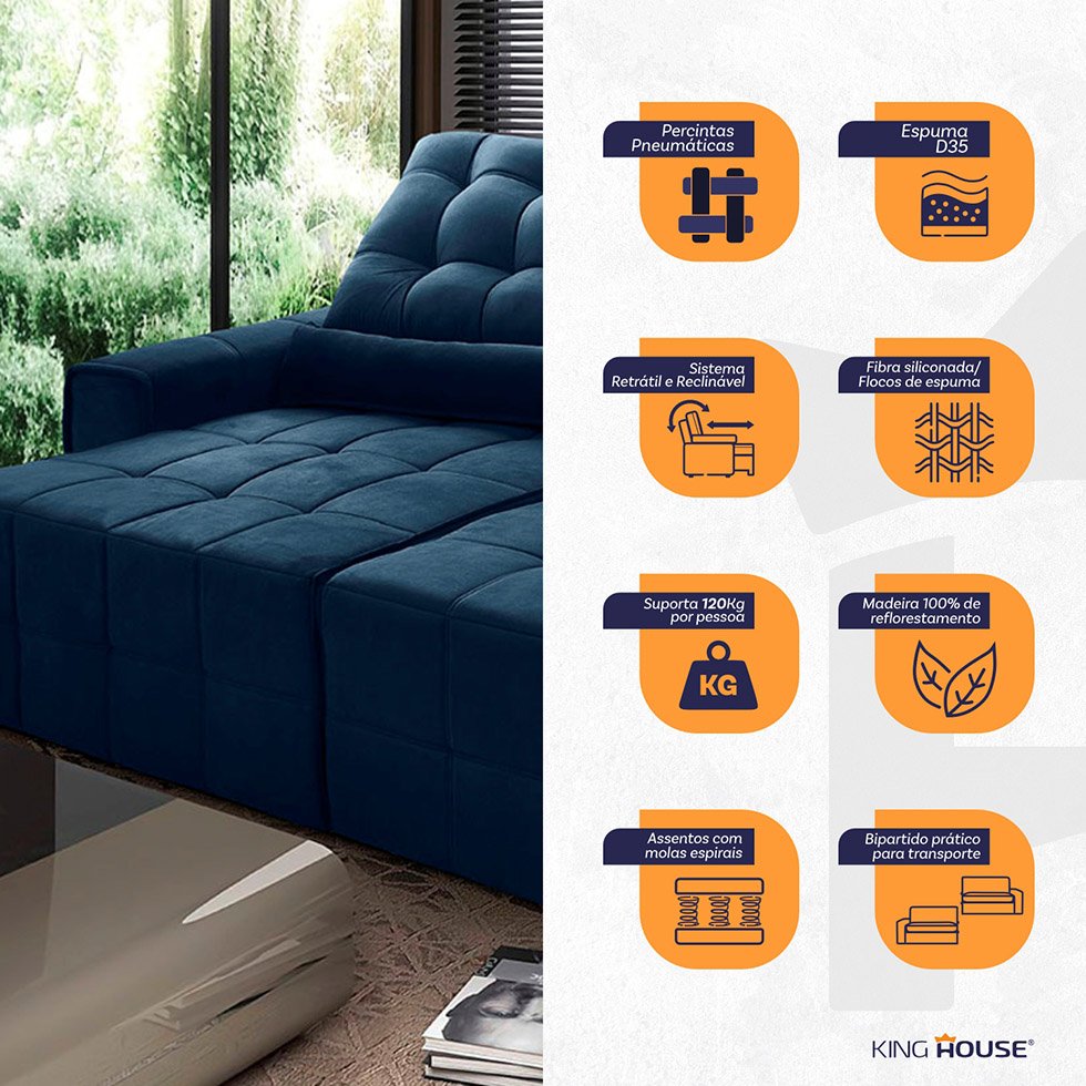 Sofá Retrátil/Reclinável Alaska 3,00m Suede Velut Azul Marinho c/ Molas no Assento - King House - 2