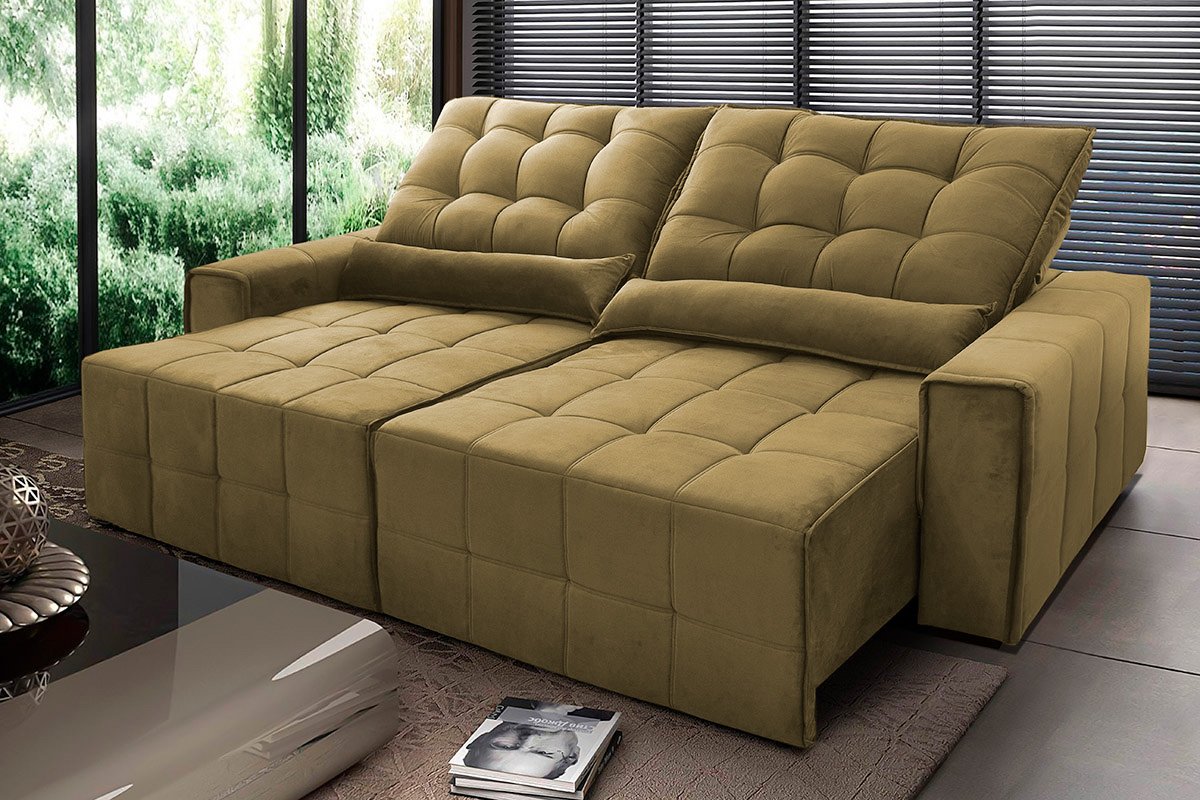 Sofá Retrátil/Reclinável Alaska 3,00m Suede Velut Bege c/ Molas no Assento - King House - 1