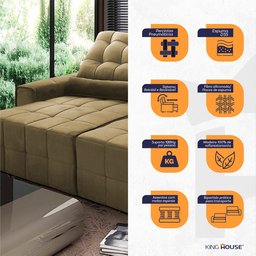 Sofá Retrátil/Reclinável Alaska 3,00m Suede Velut Bege c/ Molas no Assento - King House - 2