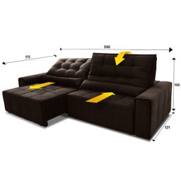 Sofá Retrátil/Reclinável Alaska 3,00m Suede Velut Marrom c/ Molas no Assento - King House - 3