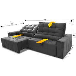 Sofá Retrátil/Reclinável Alaska 3,00m Suede Velut Cinza c/ Molas no Assento - King House - 2