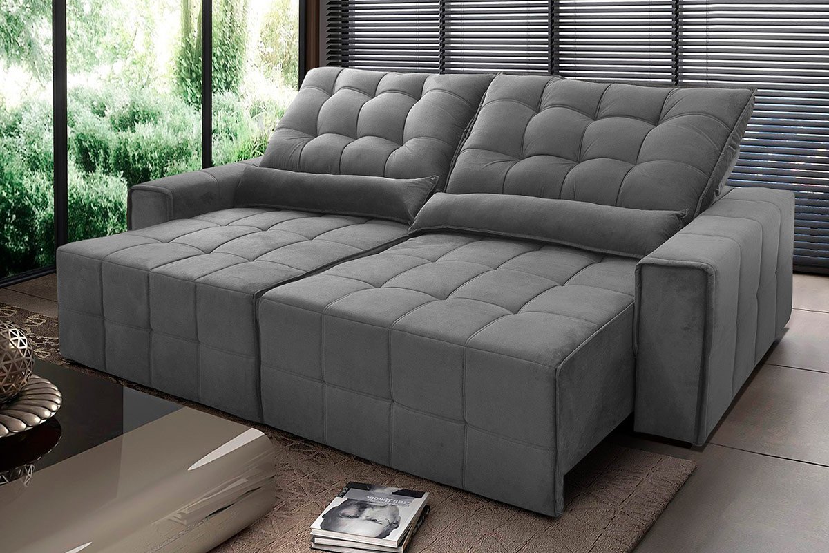Sofá Retrátil/Reclinável Alaska 3,00m Suede Velut Cinza c/ Molas no Assento - King House - 1