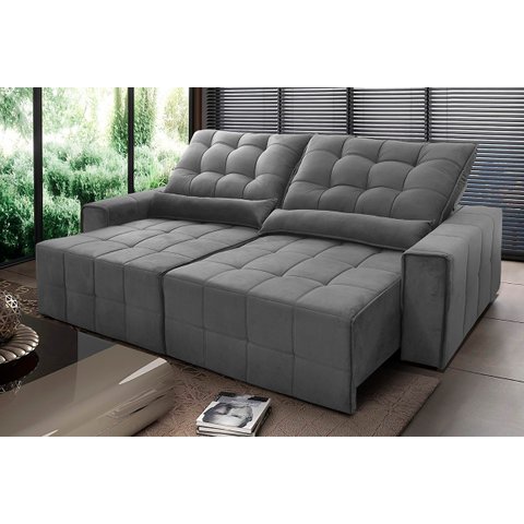 Sofá Retrátil/Reclinável Alaska 3,00m Suede Velut Cinza c/ Molas no Assento - King House