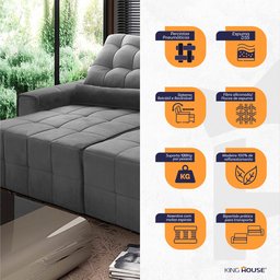 Sofá Retrátil/Reclinável Alaska 3,00m Suede Velut Cinza c/ Molas no Assento - King House - 5